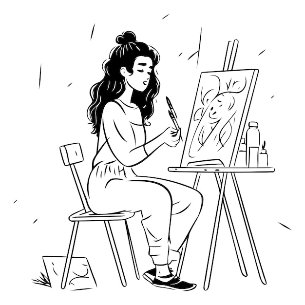 Young woman painting a picture in her studio in cartoon style