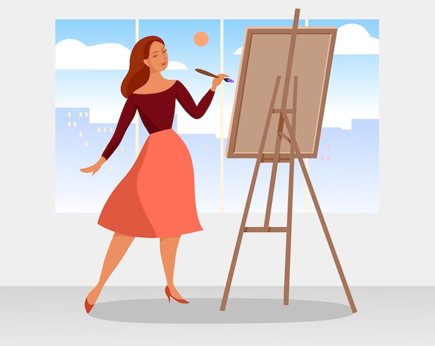 Young woman paints, oil canvas. Elegant girl. Vector illustration