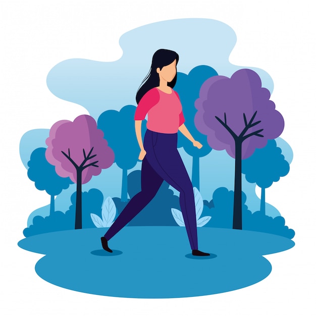 Vector young woman in park landscape  illustration