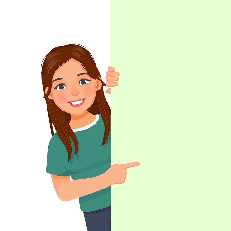Vector young woman peeking from behind blank billboard pointing index finger to empty banner for copyspace