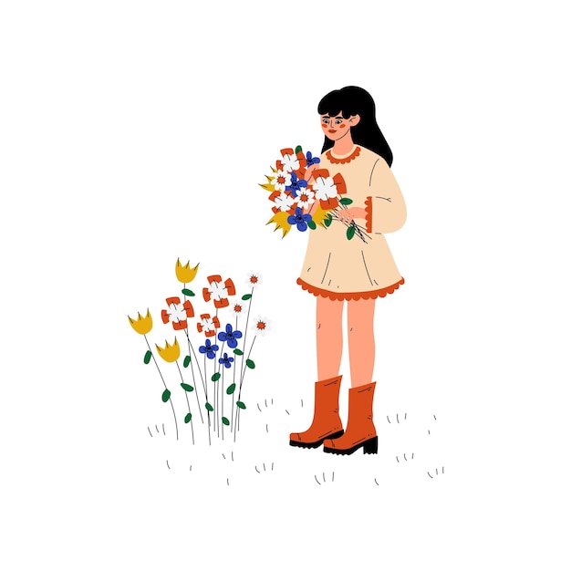 젊은 여성이 꽃을 모으고 정원이나 농장에서 일하는 소녀  ⁇ 색 배경의  ⁇ 터 일러스트레이션