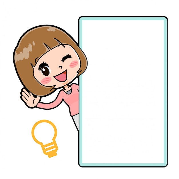 A young woman in a pink clothes , ok gesture and blank board
