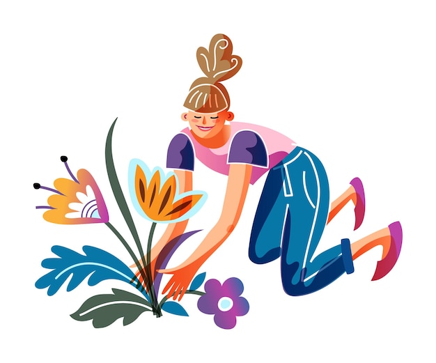 Vector young woman planting flower in seedbed