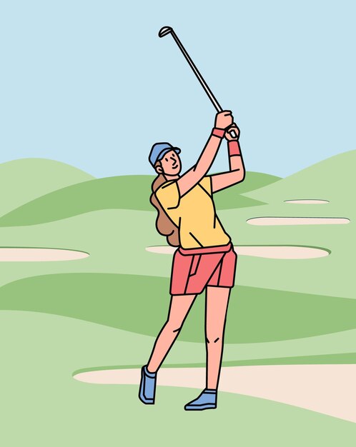 Young woman playing golf on the course line style illustration