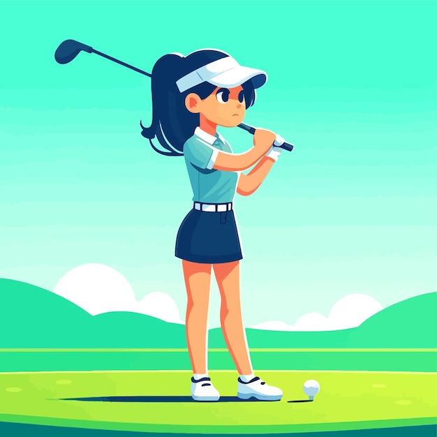 평평한 디자인 일러스트레이션에서 녹색 필드에서 골프를 하는 젊은 여성
