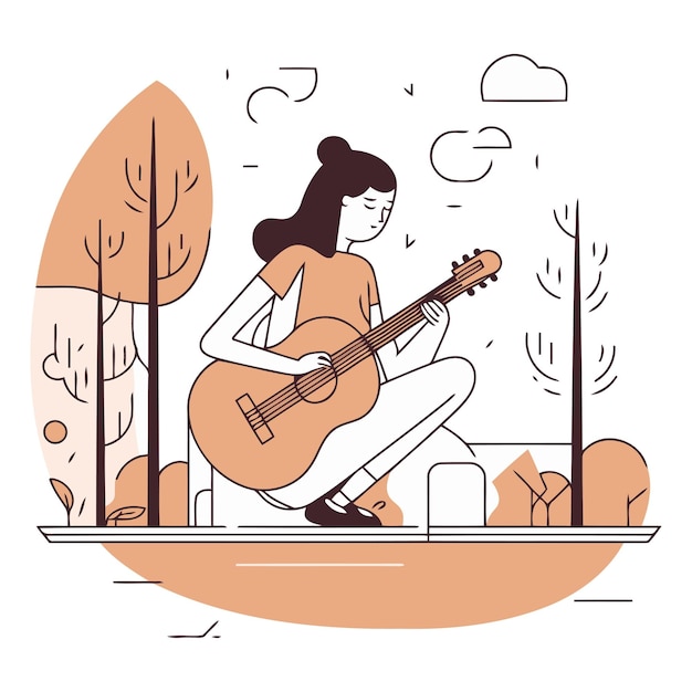 Вектор Молодая женщина играет на гитаре в парке в плоском стиле