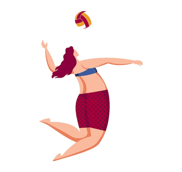 Young woman playing volleyball jumping action dynamic beach sport Athlete in summer game hitting ball active lifestyle vector illustration