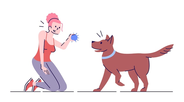 Vector young woman playing with dog flat vector illustration. active leisure. smiling caucasian girl and faithful playful pet isolated cartoon character with outline elements on white background