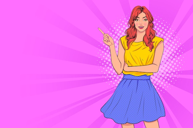Young Woman Pointing Finger Holding Something On Hand On Background Retro Pop Art Comic Style