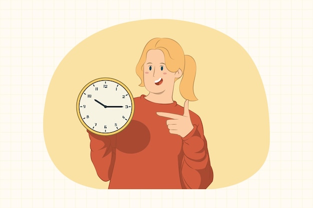 Young woman pointing index finger on clock concept