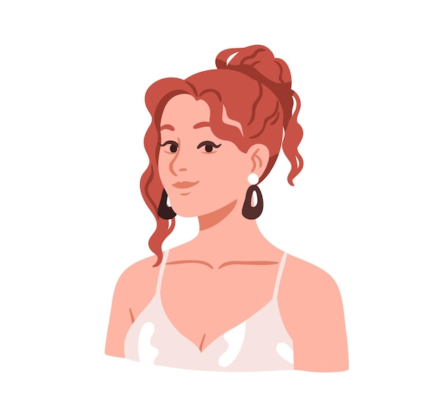 Young woman portrait. Happy girl with fashion curly wavy hairstyle for ginger hair. Pretty female with light curls, ponytail hairdo. Flat graphic vector illustration isolated on white background.