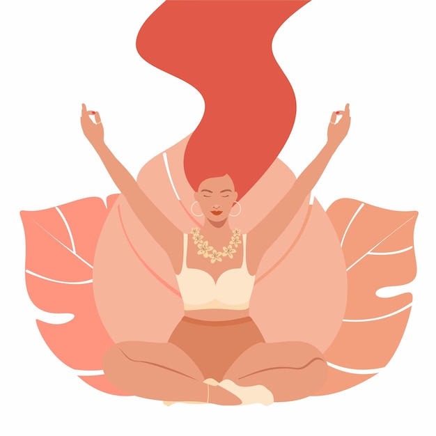 Vector young woman practice deep breathing in lotus pose with her hands up