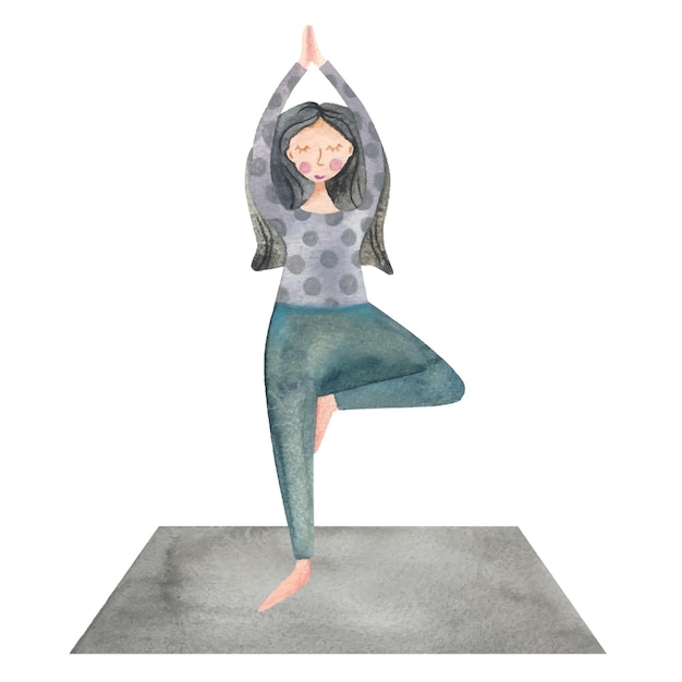 Young woman practice yoga asans on a mat watercolor illustration