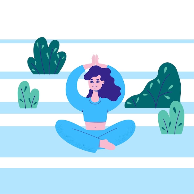 Young Woman Practices Yoga in nature A girl in a lotus position Vector Flat cartoon illustration