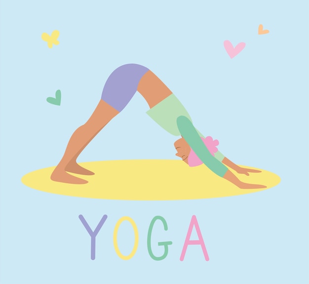 Young woman practices yoga. physical and spiritual practice. vector illustration in flat cartoon style. women healthy sport lifestyle, pilates workout.