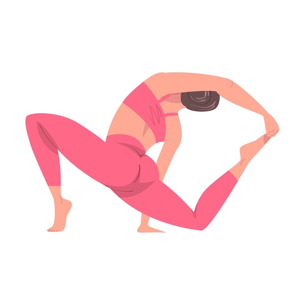 Young Woman Practicing Yoga Asana or Pose Stretching Body Vector Illustration