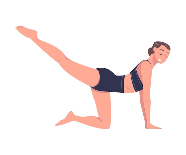 Young Woman Practicing Yoga Asana or Pose Stretching Body Vector Illustration
