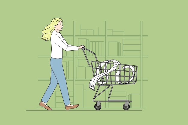 Una giovane donna spinge un carrello in un supermercato con una grande ricevuta anticipando lo shopping felice concetto di design vettoriale