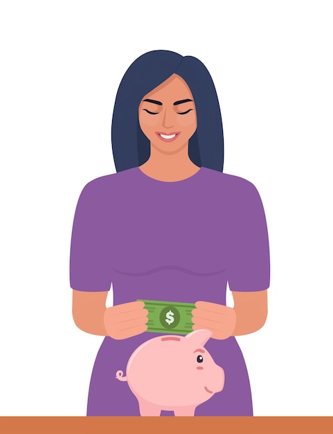 Young woman putting a gold coin into a piggy bank Money saving economy concept Profit income