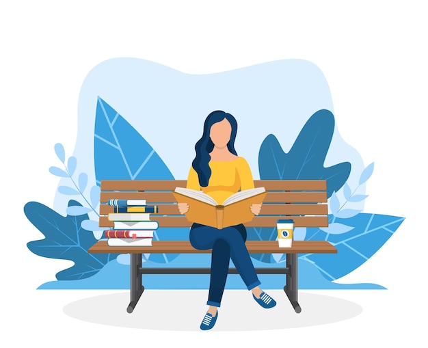 Vector young woman reading book on the bench.