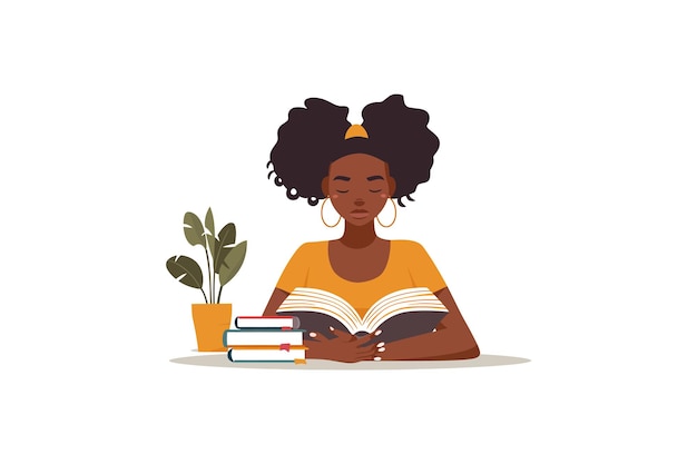 デスクで本を読む若い女性 ベクトルイラストデザイン