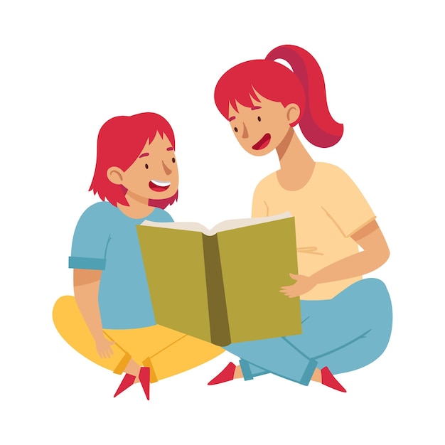 Молодая женщина читает книжку своей дочери Векторная иллюстрация
