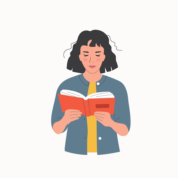 Vector young woman reading book isolated vector flat illustration