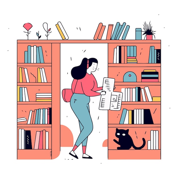 Vector young woman reading book in library female character standing near bookshelves with books and cat flat vector illustration