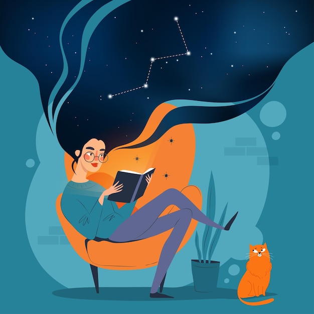 Young woman reading a book sitting in an armchair astronomy study concept vector illustration