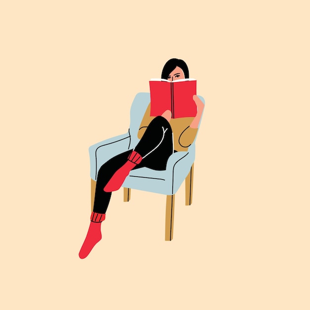 Vector young woman reading book vector background relaxed girl comfortable sitting on the sofa and reading isolated on white backdrop modern home interior illustration