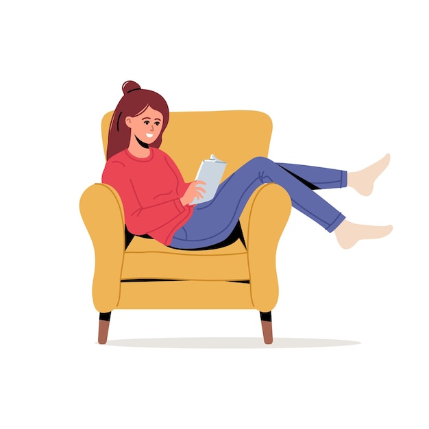 Vector young woman reads a book on armchair at cosy home the girl sitting on the sofa reading a book