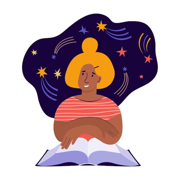 Young woman reads a large paper book and fantasizes about the cosmos. creative imagination and thinking. book lover, reader, modern literature fan. flat cartoon vector illustration