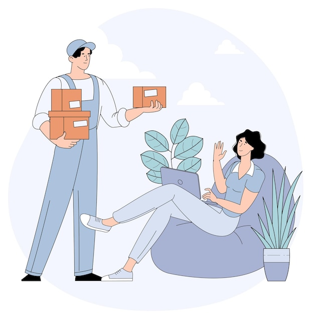 Vector young woman receiving cardboard box parcel from delivery service courier sitting at home.