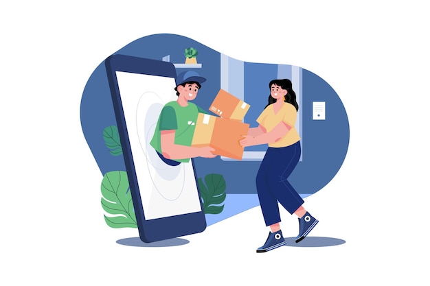 スマートフォンの画面を通して宅配業者から荷物を受け取る若い女性