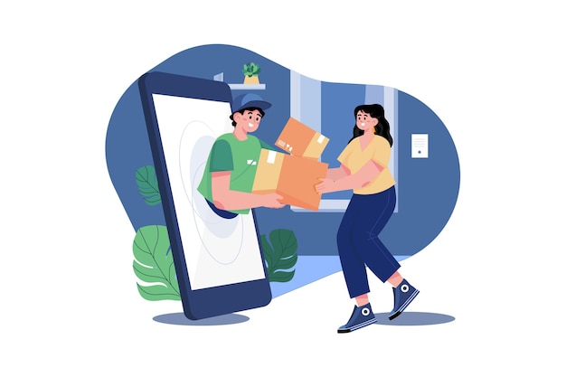 Vector a young woman receiving a parcel from a delivery service courier through the smartphone screen