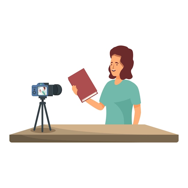 young woman recording a book review vlog from her home studio