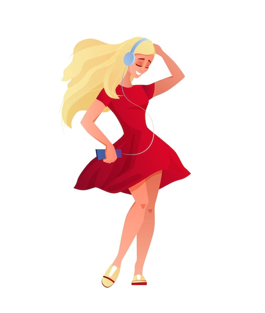 Young woman in a red dress listening to music in headphones and dancing enjoying Cartoon illustration