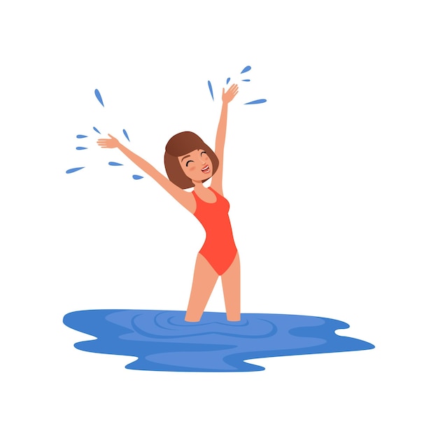 Young woman in red swimsuit standing in blue water of lake or river vector Illustration isolated on a white background.