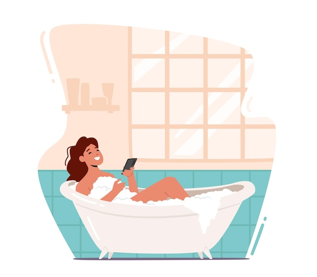 Young Woman Relaxing in Bathtub with Smartphone in Hands