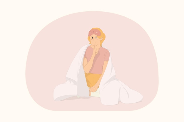 Vector young woman relaxing at home sitting wrap cover under blanket duvet do shhh gesture concept