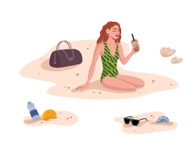 Young woman relaxing with bubble milk on beach