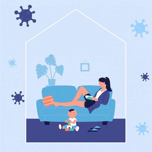 Vector young woman resting and reading book lying on sofa with playing kid at home during corona virus covid-19 time. stay at home to prevent coronavirus disease, quarantine self isolation  concept