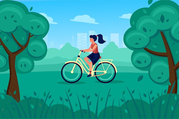 Young woman on a retro bike rides through the park background