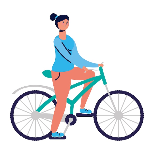 若い女性は、活動のキャラクターを練習する自転車に乗る。