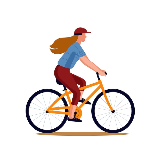 Vector young woman riding bicycle long hair flowing casual attire leisure activity outdoor healthy