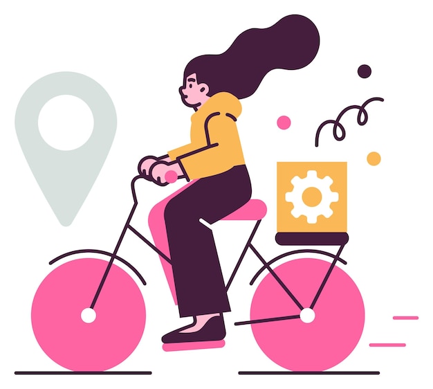 위치 핀과 기어 아이콘으로 자전거를 타는 젊은 여성