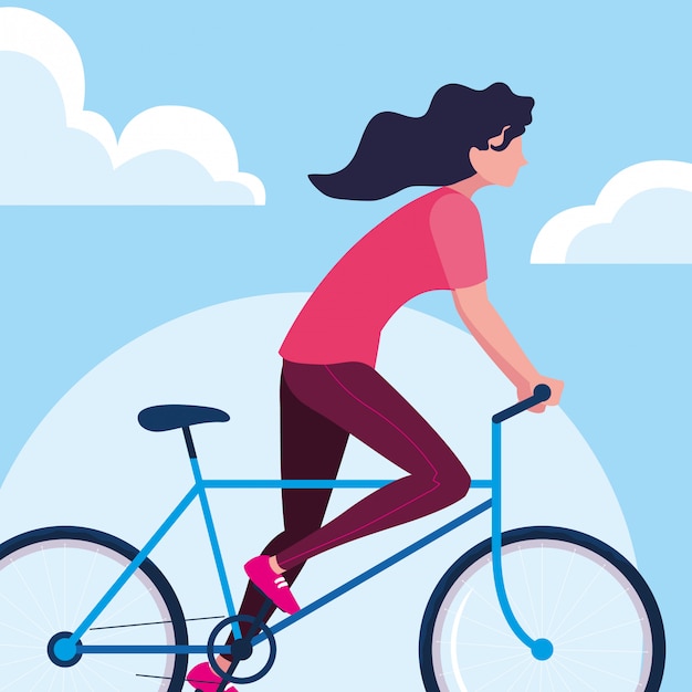 Vector young woman riding bike with sky and clouds