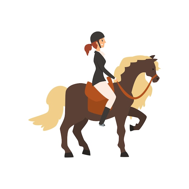 Young woman riding horse equestrian professional sport vector illustration on a white background