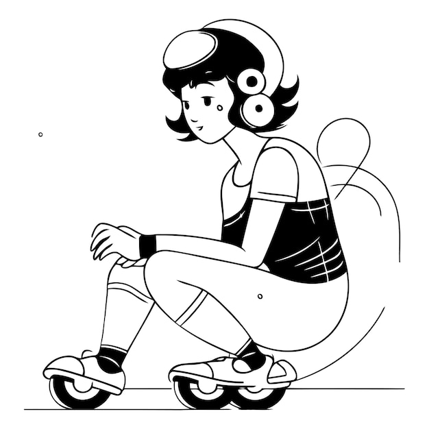 Giovane donna in pattini a rotelle in stile cartone animato