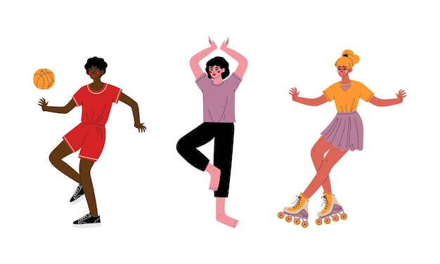 Young Woman Roller Skating Standing in Yoga Pose and Playing Basketball Vector Set